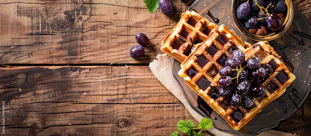 Aufkleber Scrumptious waffles topped with grapes and chocolate sauce presented on a rustic wooden table with a blank space for additional text or imagery in the photo