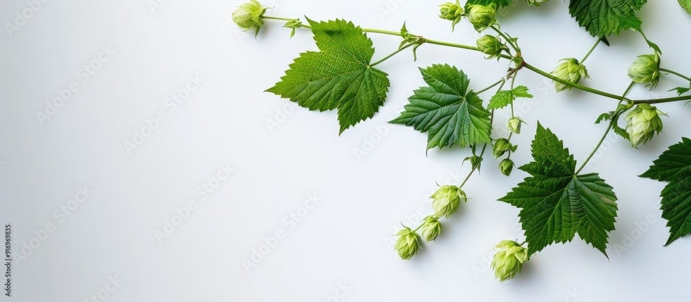 Poster top view of a youthful hop branch with leaves set against a white backdrop ideal for a copy space im