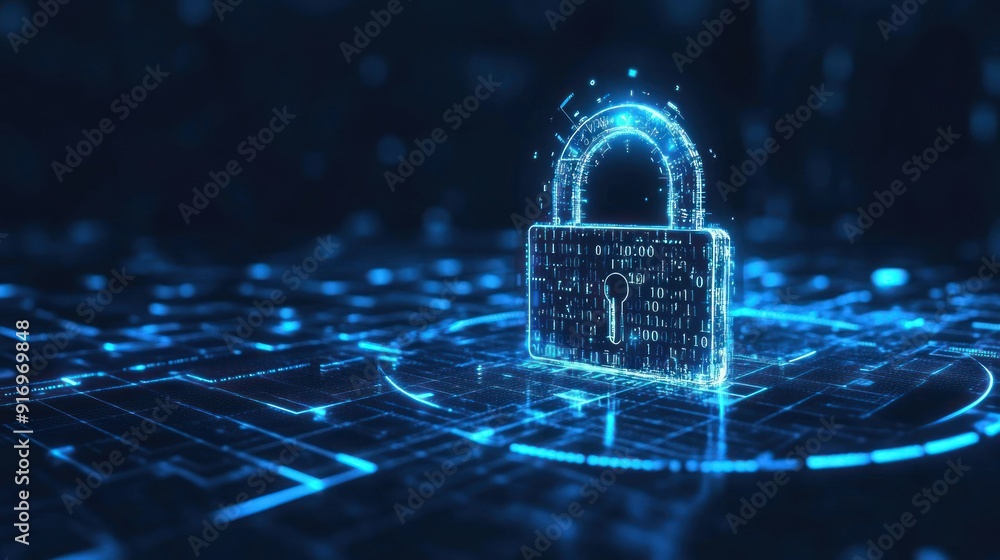 Poster digital security concept with glowing padlock on a circuit board
