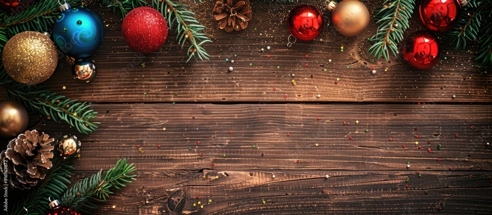 Poster wooden table adorned with christmas ornaments and balls perfect for a festive copy space image