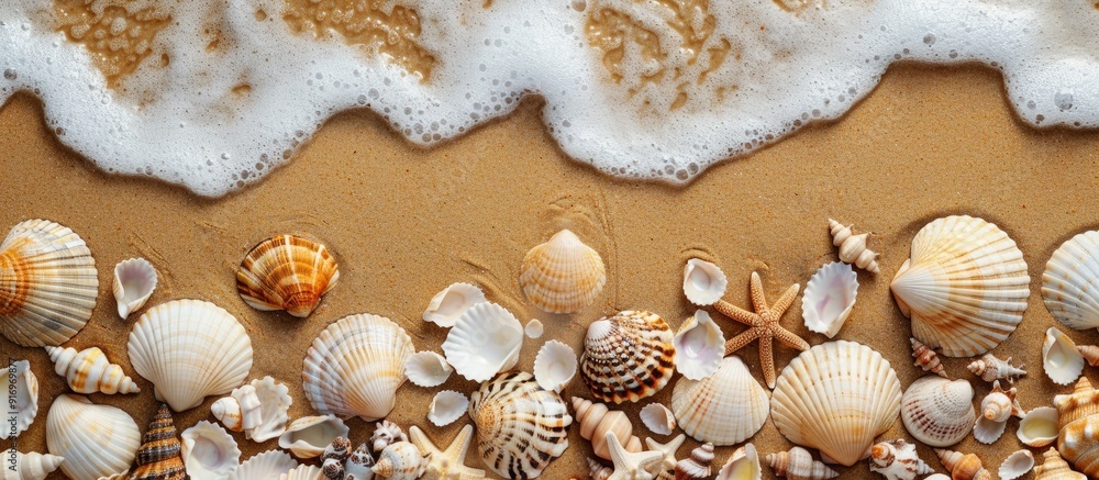 Poster top view of sea shells arranged in a wave like pattern with frothy foam on smooth beach sand creatin