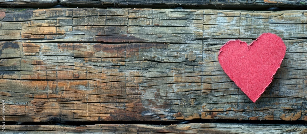 Poster heart shaped red paper note on weathered wooden background with copy space image