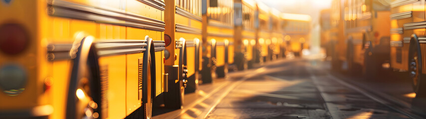 Endless rows of school buses on the large parking lot and sunshine in the background. Back to School, transportation and education concept.