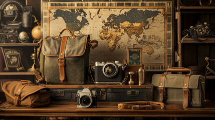 Fancy a trip? We've got your travel essentials ready: bags, passport, camera, compass, and much more. Get ready for an adventure!