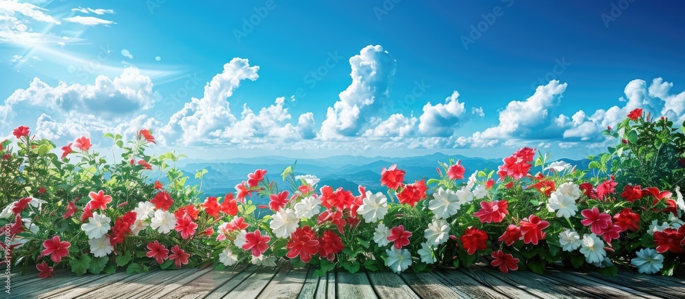 Poster a scenic image featuring red and white mandevilla flowers on a deck set against a lush green forest 