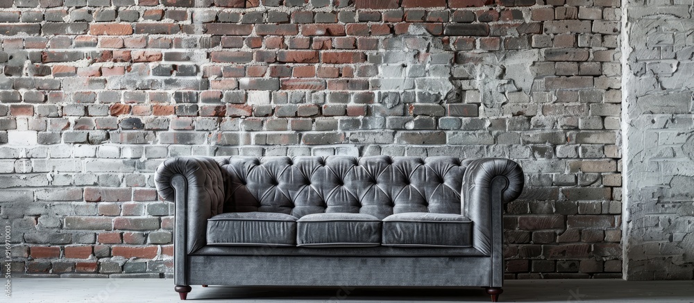 Aufkleber design banner with a grey sofa placed against a brick wall featuring ample copy space image