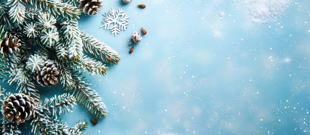 Poster snowy fir tree branch snowflakes and fir cones on light blue backdrop with copy space image for chri