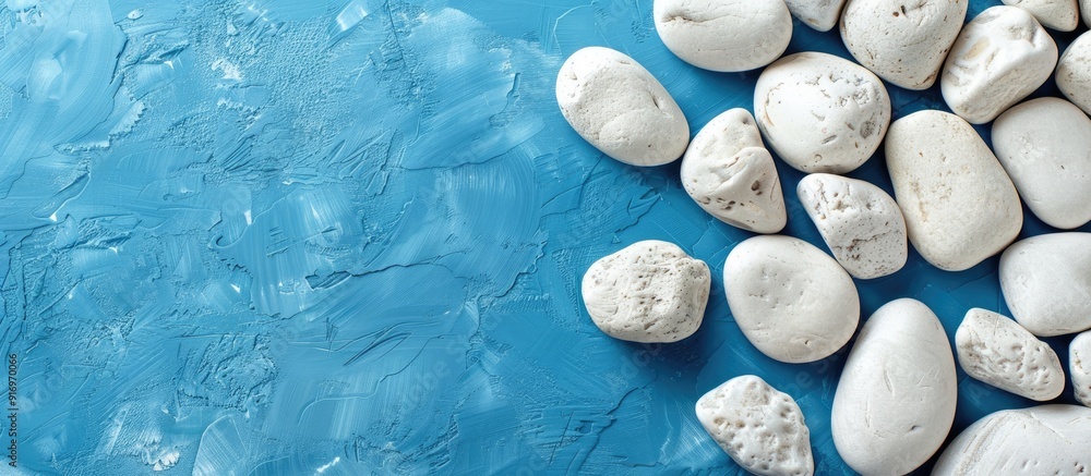 Poster A messy arrangement of white textured pebbles on a blue table with copy space image