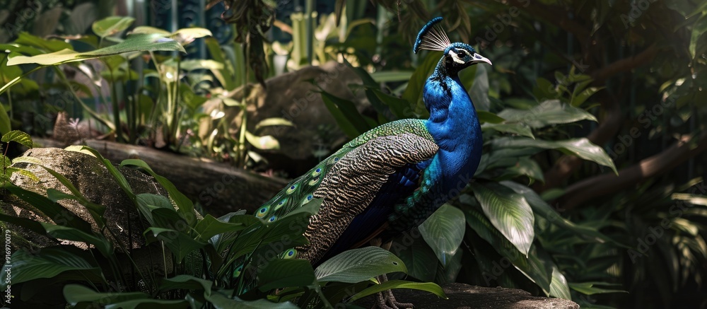 Poster Peacock guarding greenery in its habitat with a copy space image
