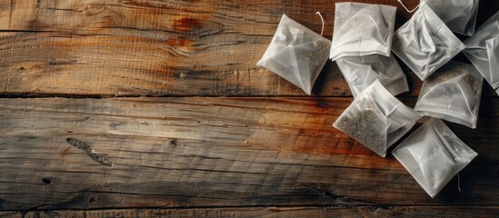 Tea bags arranged on a wooden table with copy space image