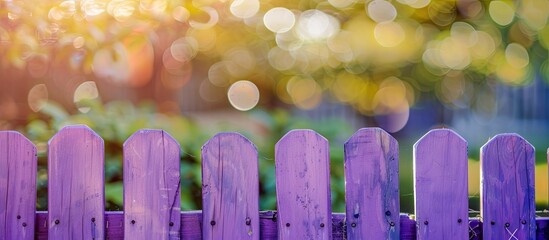 A purple wooden garden fence with a blurry background offering copy space for your design The focus is selective