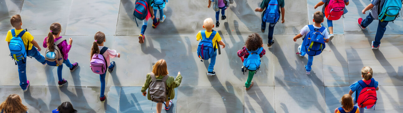 Aerial view of group of children going to school. Back to school concept.