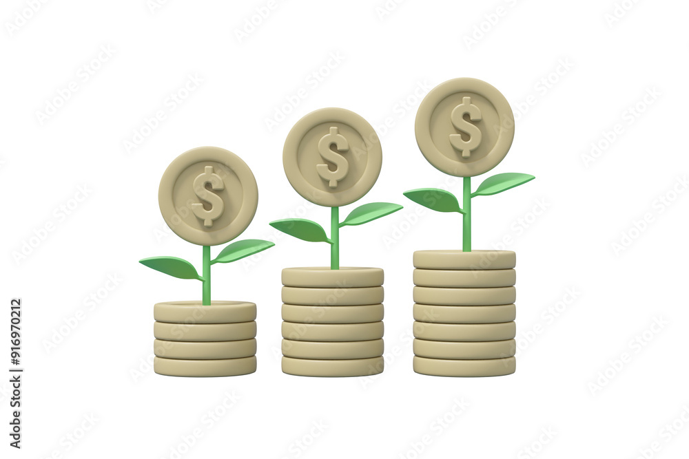 Poster 3d illustration consisting of sprouts growing from a dollar coin. shown in order showing the financi
