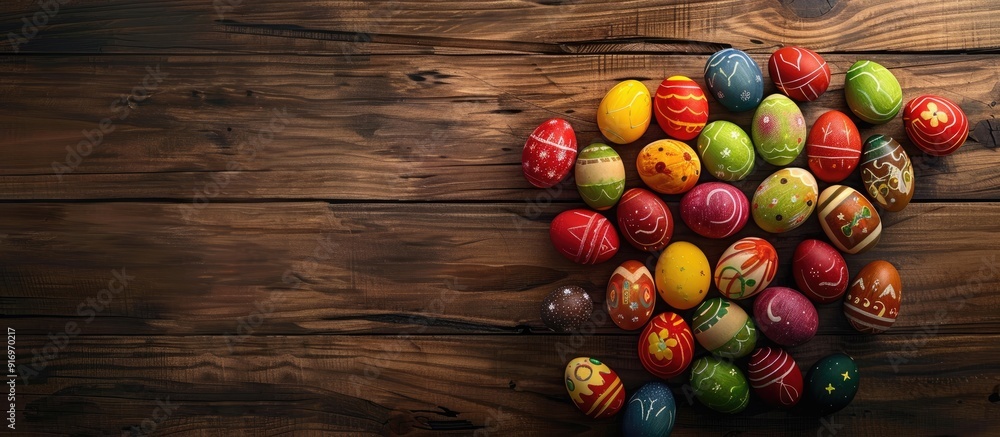 Fototapete top view of easter eggs displayed on a wooden table enhancing the scene with copy space image