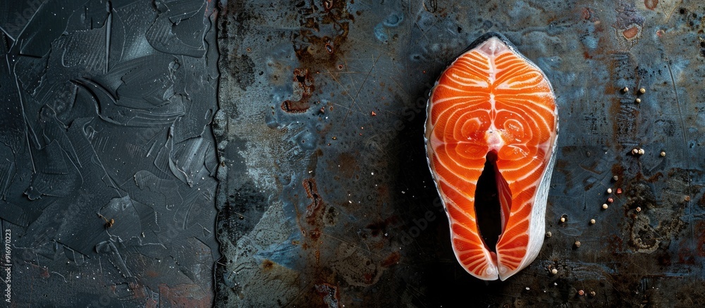 Aufkleber a fresh raw salmon steak displayed on a dark background ideal for cooking or grilling creating a str