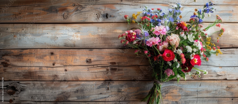 Poster a flower bouquet displayed on a rustic wooden surface with copy space image available