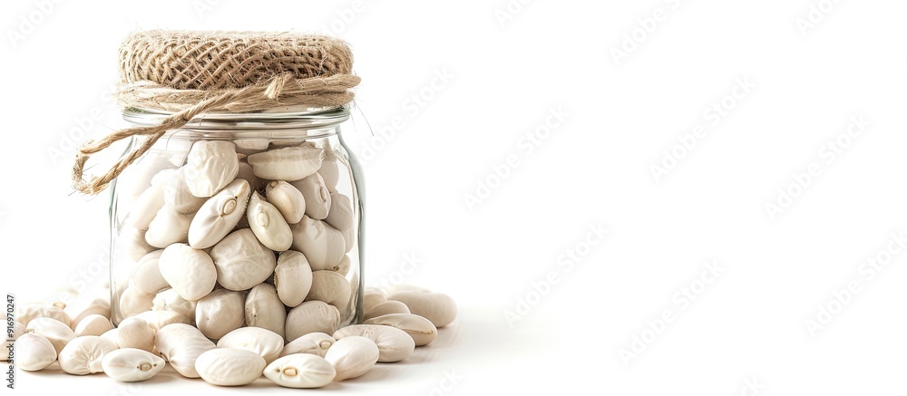 Poster glass jar with white kidney beans isolated on white background for design purposes high quality copy