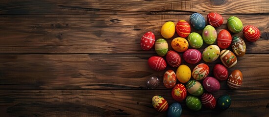 Top view of Easter eggs displayed on a wooden table enhancing the scene with copy space image