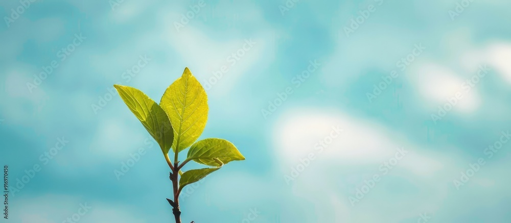 Poster a serene image featuring a small green leaf on a treetop against a backdrop of the sky with ample co