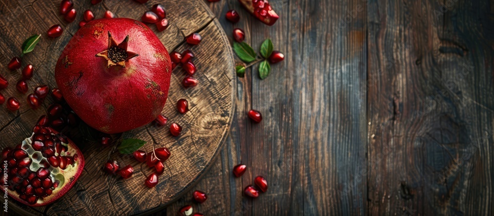 Poster Top down view of a vibrant pomegranate peeled and ripe placed on a wooden board with a rustic texture in the background allowing for additional image content