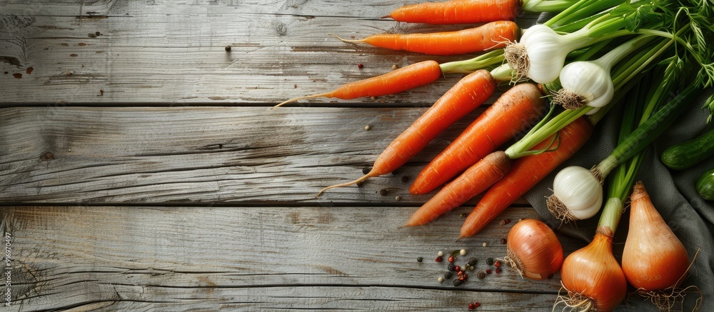 Aufkleber fresh carrot and spring onion on a wooden table surface with copy space image