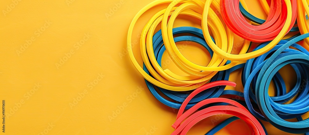 Aufkleber fitness elastic bands arranged on a yellow background with ample copy space image