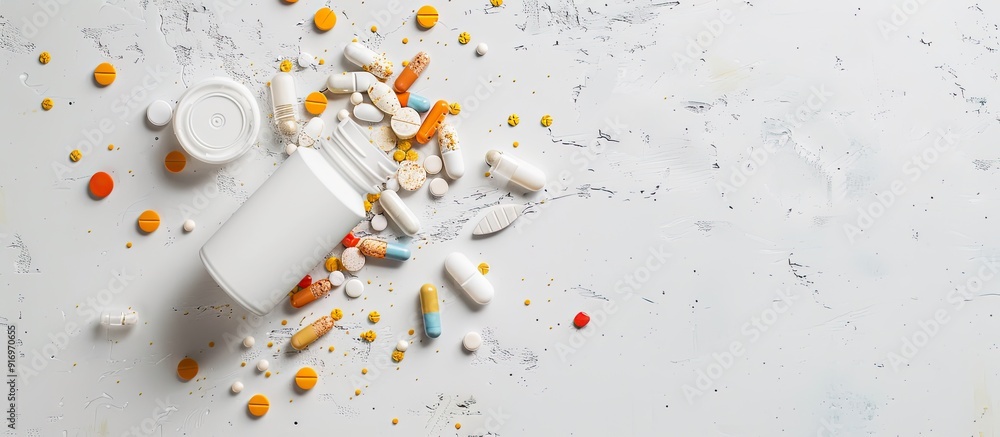 Poster top view of white plastic bottle with spilled pills and capsules on white background copy space imag