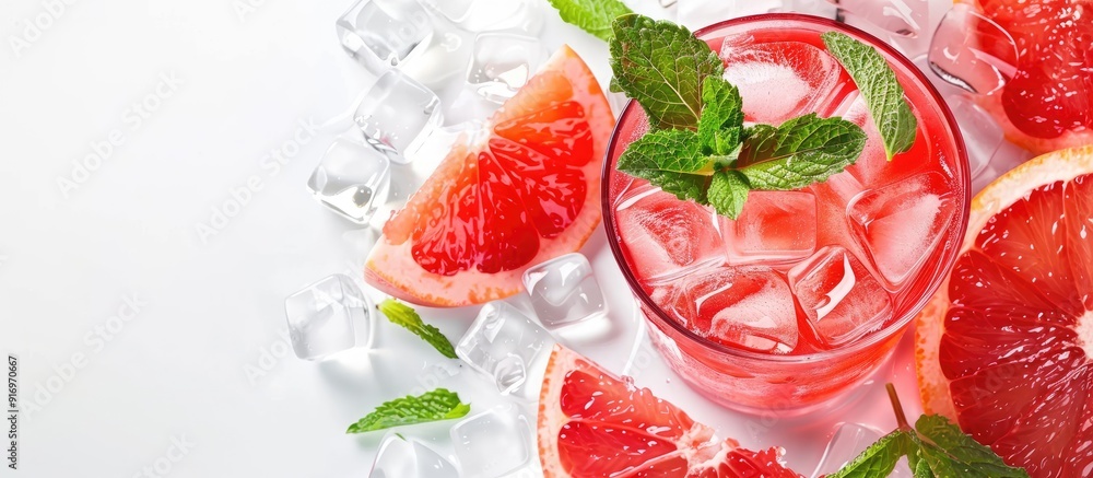 Aufkleber Red drink with ice grapefruit and mint on a white background suitable for including text or design in the empty area. Creative banner. Copyspace image