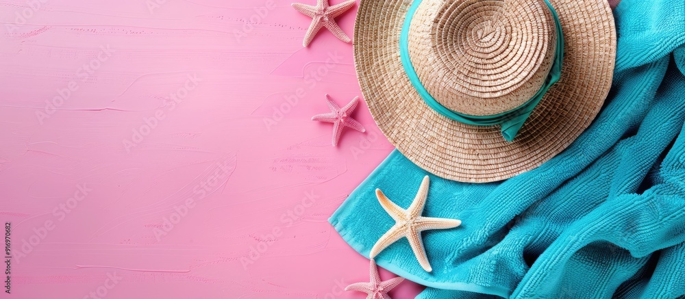 Poster top down summer holiday theme with a pink background featuring a straw hat blue towel and starfish i