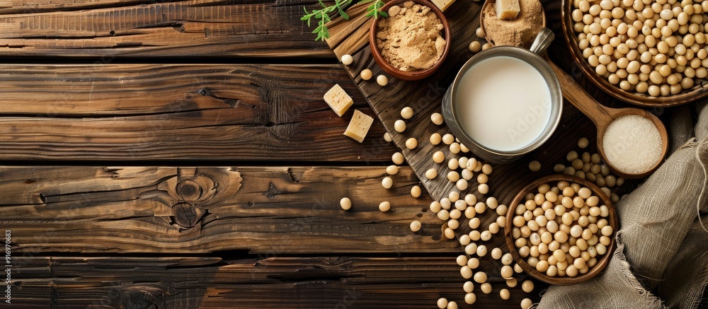 Poster various soy products arranged on a dark wooden surface for a flat lay composition with an available 