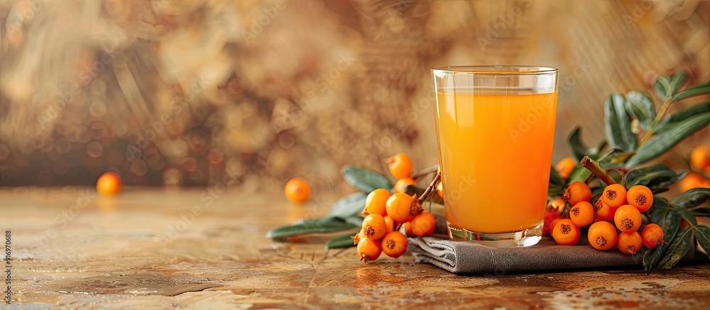 Aufkleber Sea buckthorn juice displayed on a blank canvas for text or images in the background. Creative banner. Copyspace image