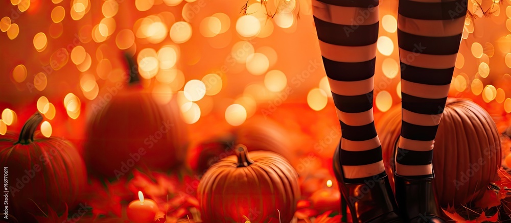 Aufkleber halloween themed image featuring witchy legs in striped stockings and high heels with pumpkins again