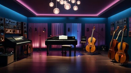 music studio with luxurious music equipment, seamless looping 4k video animation background
