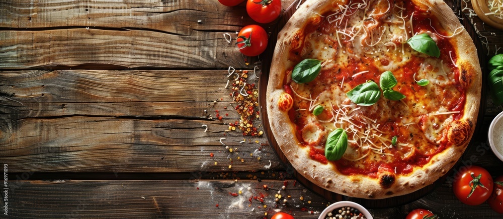 Poster Tasty Italian pizza with a tempting array of toppings on a rustic wooden table with a copious amount of melted cheese and fresh tomato sauce perfect for any mealtime copy space image