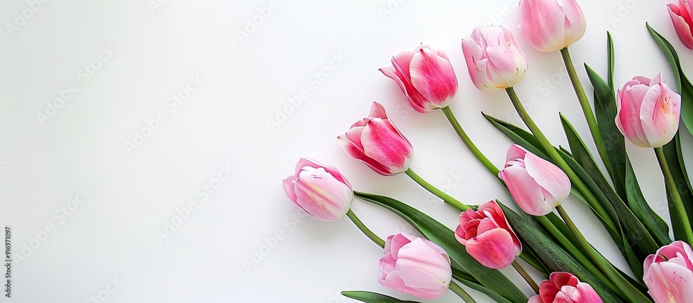 Poster Top view of a festive pink tulip arrangement on a white background with ample copy space for various occasions like birthdays Mother s Day Valentine s Women s Day or weddings