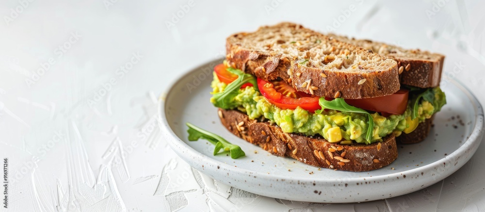 Poster a sandwich with guacamole and heirloom tomato on wheat bread displayed on a white plate against a wh