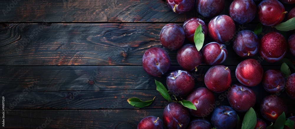 Poster ripe plums are spread out on a dark wooden table with a moody background soft lighting and space for