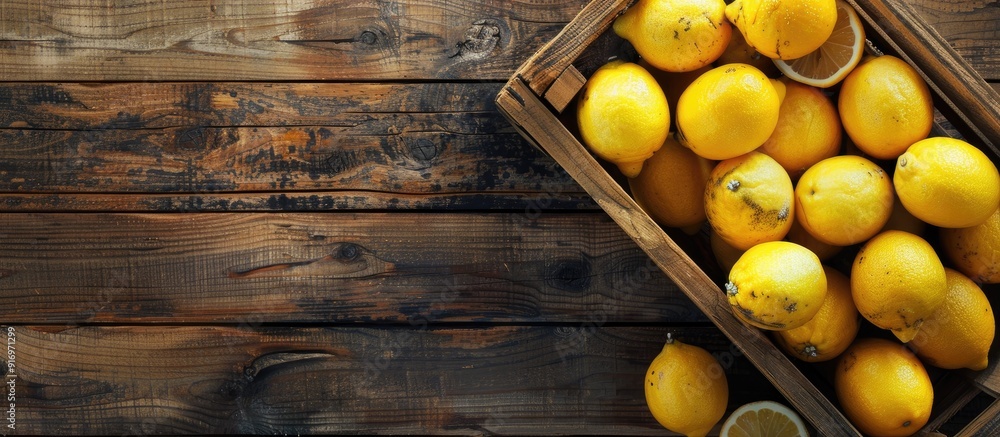 Poster Top down view of a wooden table with a wooden crate filled with fresh lemons providing ample space for adding text or an image