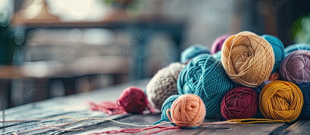 Poster Copy space image of knitting threads scattered on a table perfect for adding text Sewing materials present
