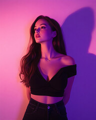 portrait sexy woman in erotic pose in purple light