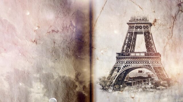 Eiffel Tower in Paris smoothly appears on old, grunge paper with time lapse of sky with clouds. Creative, combined 3D 4K parallax video of high quality. Template for a postcard or historical video.