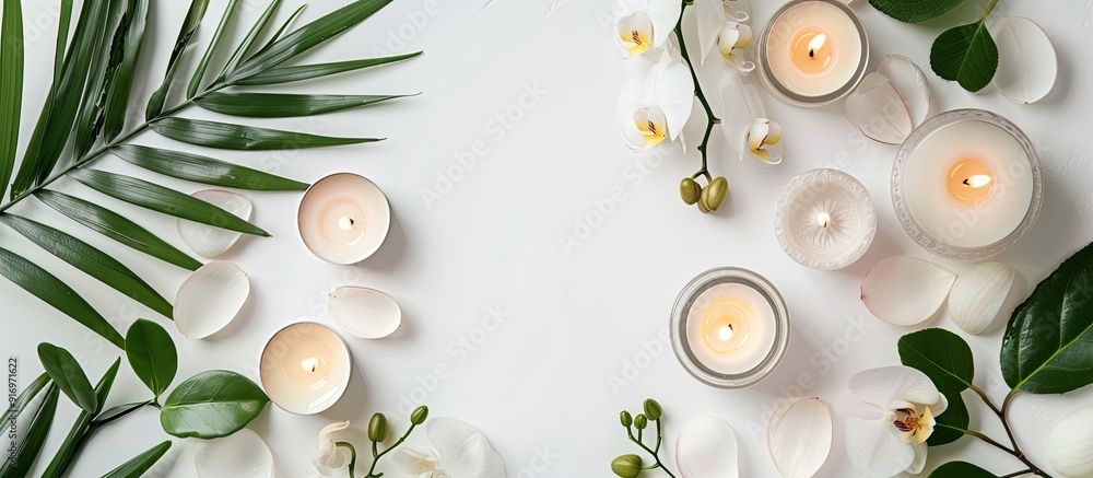 Aufkleber Setting the scene for a spa session with candles and orchids on a white background in a top view frame with ample copy space image
