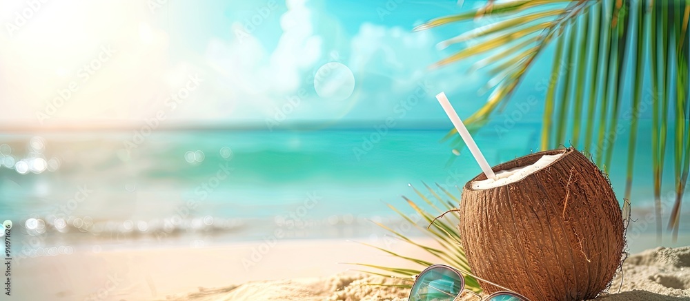 Poster Tropical summer themed concept for holidays with a refreshing coconut drink sunglasses and a straw on a beach background Image includes copy space