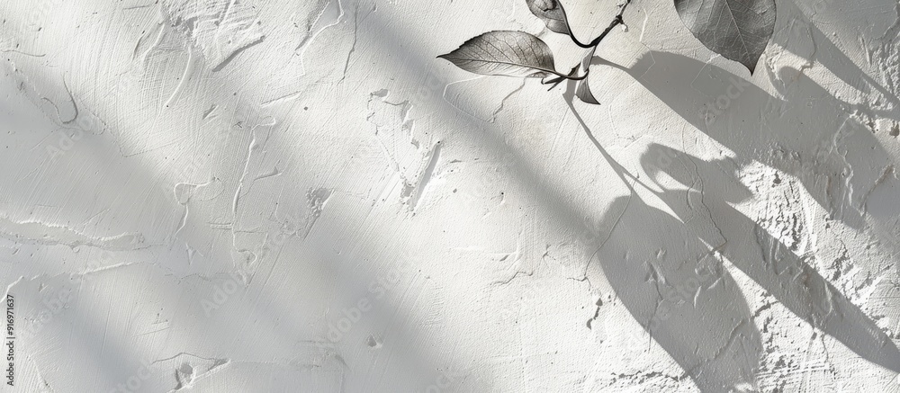 Poster neutral nature background with a gray leaf shadow on a white wall suitable for text placement in the