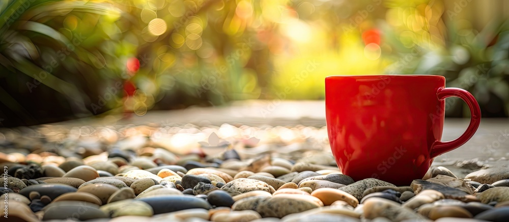 Leinwandbilder A red cup filled with coffee sits on a pebbled floor in a garden with a blurred background and empty copy space image available