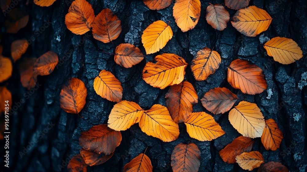 Aufkleber image of autumn leaves close up over tree trunk background : generative ai