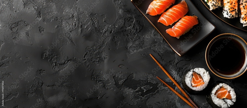 Poster top down shot on black backdrop showing sushi chopsticks soy sauce and copy space image