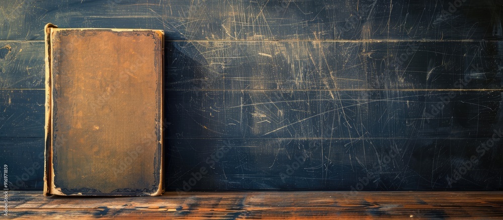 Poster an empty book cover with a vintage background on a shiny blackboard provides space for text or image