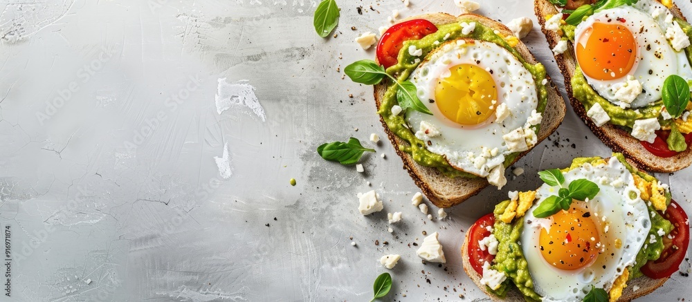 Poster a sandwich with guacamole peppers fried eggs and feta cheese displayed in a copy space image