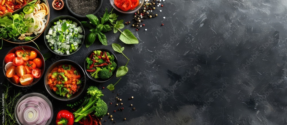 Poster Nutritious meal plan displayed on a dark gray backdrop Overhead view with space for text or image insertion. Creative banner. Copyspace image